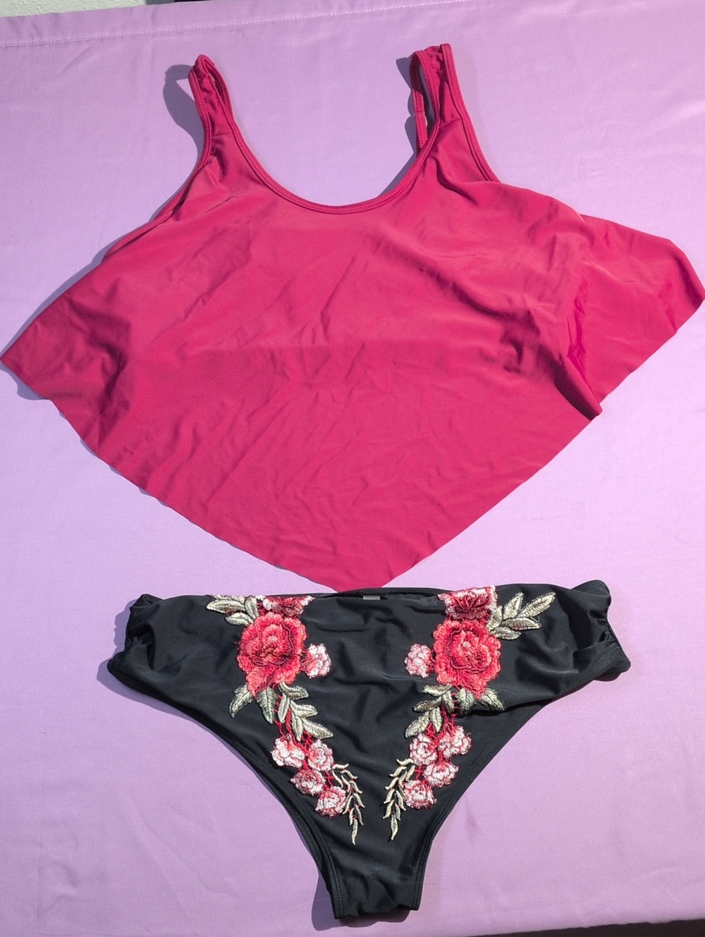 🔥 Rosegal Burgundy & Black Embroidered Floral Tankini Swimsuit 1X 🌹🖤